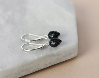 Sterling Silver Leaf Earrings, Dainty Gemstone Jewelry, Black Onyx, Minimalist Everyday Jewelry, Nature Inspired Earrings, Gift for Women