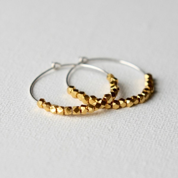 Faceted Gold Vermeil Hoop Earrings, Gold Nugget Earrings, Small Silver Hoop Earrings, Mixed Metal Jewelry, Jewellery Gift for Women
