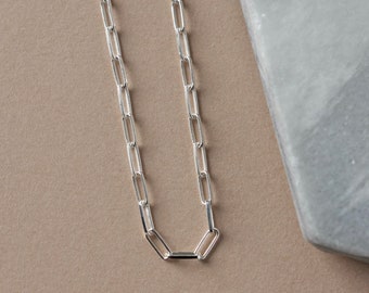 Sterling Silver Paper Clip Chain Necklace, Everyday Layering Necklace, Rectangle Link Chain, Modern Geometric Jewelry, Gift for Women