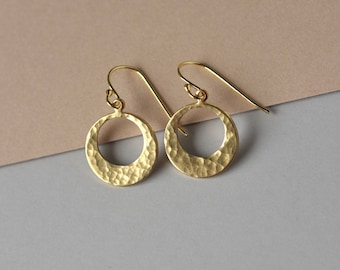 Hammered Brass Round Earrings, Gold Geometric Earrings, Everyday Minimalist Jewelry, Cut Out Circles, Gift For Her, Modern Brass Jewelry