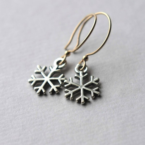 Silver Snowflake Earrings, Winter Wedding, Holiday Jewelry, Small Drop Earrings, Mixed Metal Jewelry, Snowflake Jewelry, Winter Jewelry