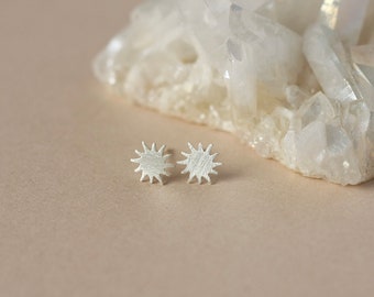 Small Sterling Silver Sun Studs, Celestial Sunburst Earrings, Minimalist Everyday Jewelry, Dainty Brushed Silver Studs, Gift for Her