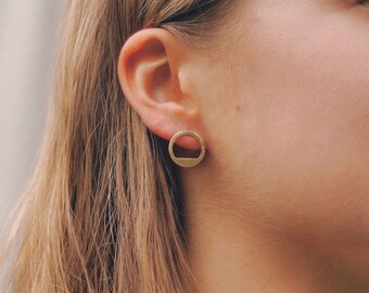 Gold Geometric Studs, Small Brass Circle Earrings, Modern Everyday Jewelry, Minimalist Round Earrings, Gift for Her, Cut Out Circle