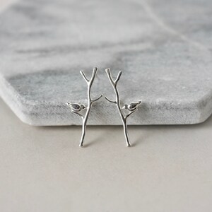 Long Sterling Silver Branch Stud Earrings with Birds