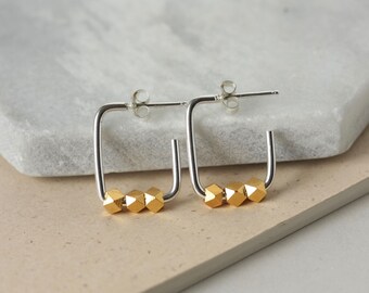 Sterling Silver Square Hoop Earrings, Mixed Metal Geometric Earrings, Modern Minimalist Jewelry, Shiny Gold Bead Earrings, Gift for Her