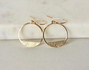 Round Gold Geometric Earrings, Modern Minimalist Jewelry, Shiny Hammered Brass Circles