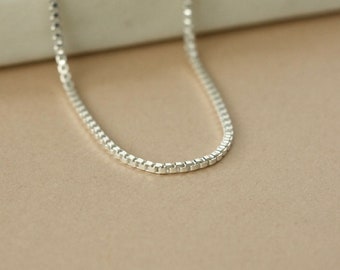 Sterling Silver Chain Necklace, Simple Layering Necklace, Box Chain, Minimalist Everyday Jewelry, Shiny Choker, Gift for Her