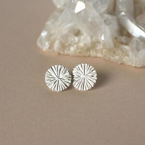 May include: A pair of silver stud earrings. Each earring is round with a radial, textured design. The earrings are displayed on a neutral surface, with a large, crystalline structure in the background.
