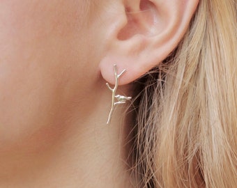 Sterling Silver Twig Bird Stud Earrings: Woodland Nature Jewelry, Long Stick Posts