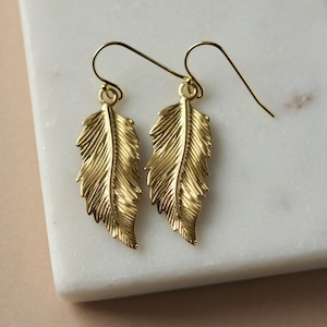 Big Brass Detailed Gold Feather Charms on Gold Vermeil Earring Hooks