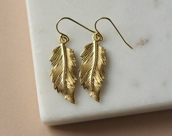 Big Gold Feather Earrings, Boho Style Jewelry, Brass Statement Earrings, Nature Inspired, Bohemian Earrings,  Gift For Her