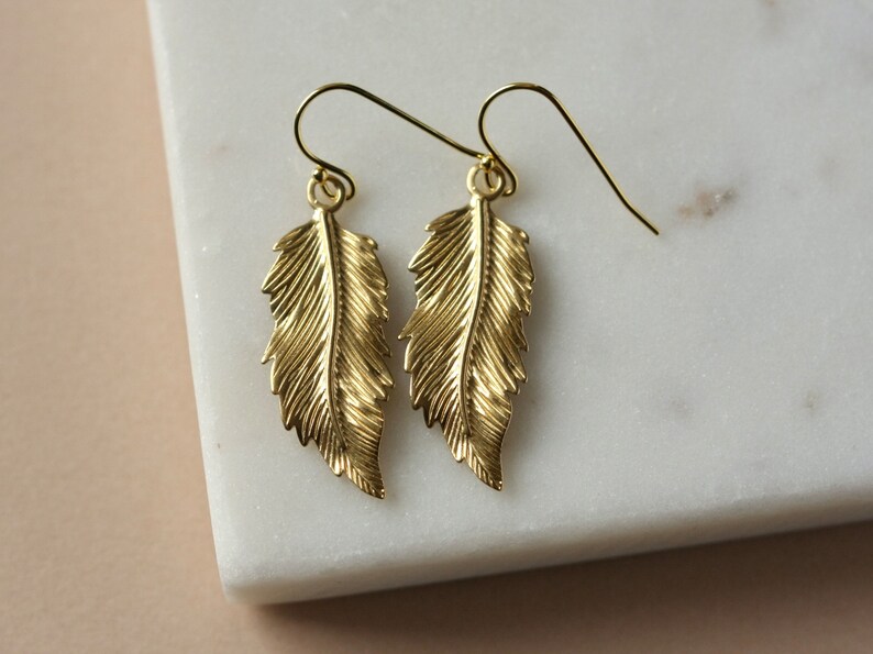 Big Brass Detailed Gold Feather Charms on Gold Vermeil Earring Hooks