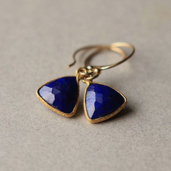 Lapis Lazuli Earrings, Faceted Gemstone Earrings, Triangle Geometric, Vermeil Gold FIll Earrings