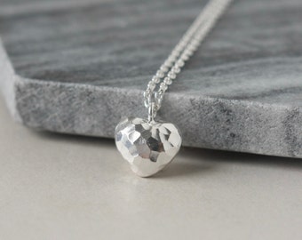 Sterling Silver Hammered Heart Necklace, Shiny Faceted 3D Puffed Heart, Minimal Everyday Jewelry, Romantic Anniversary Gift, Gift for Wife