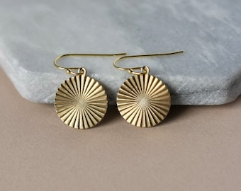 Gold Circle Earrings, Round Brass Earrings, Modern Geometric Jewelry, Radiant Sun Pattern, Minimalist Everyday Earrings, Gift for Her