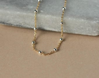 Minimalist Mixed Metal Choker, Dainty Two Tone Layering Necklace, Silver Gold Chain Jewelry