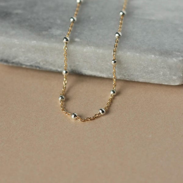Minimalist Mixed Metal Choker, Dainty Two Tone Layering Necklace, Silver Gold Chain Jewelry