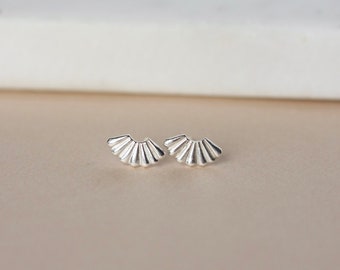 Dainty Sterling Silver Fan Studs, Minimalist Art Deco Jewelry, Modern Everyday Earrings, Small Textured Studs, Gift for Her, Setting Sun