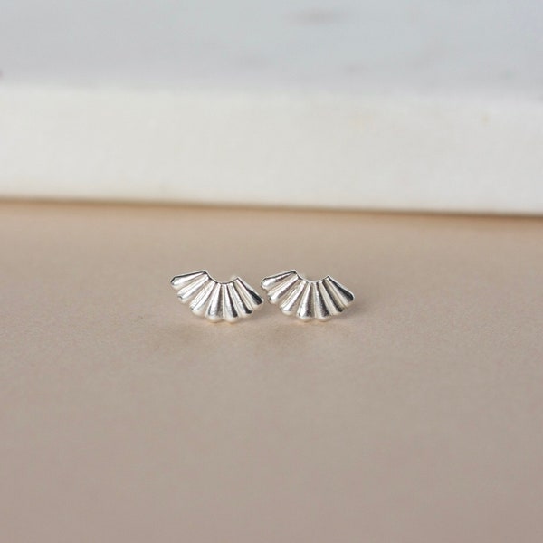 Dainty Sterling Silver Fan Studs, Small Art Deco Earrings, Unique Textured Studs, Minimalist Everyday Jewelry, Gift for Her, Half Sun