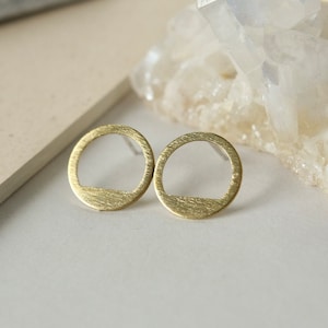 Gold Geometric Studs, Modern Round Brass Earrings, Cut out Circle, Minimalist Everyday Jewelry, Gift for Her, Unique Brushed Brass Studs