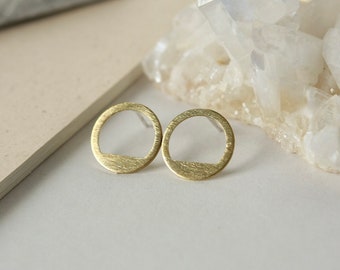 Gold Geometric Studs, Modern Round Brass Earrings, Cut out Circle, Minimalist Everyday Jewelry, Gift for Her, Unique Brushed Brass Studs