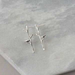 Sterling Silver Branch Earrings, Long Twig Studs With Birds, Dainty Woodland Earrings, Nature Inspired Botanical Studs, Gift for Her image 9