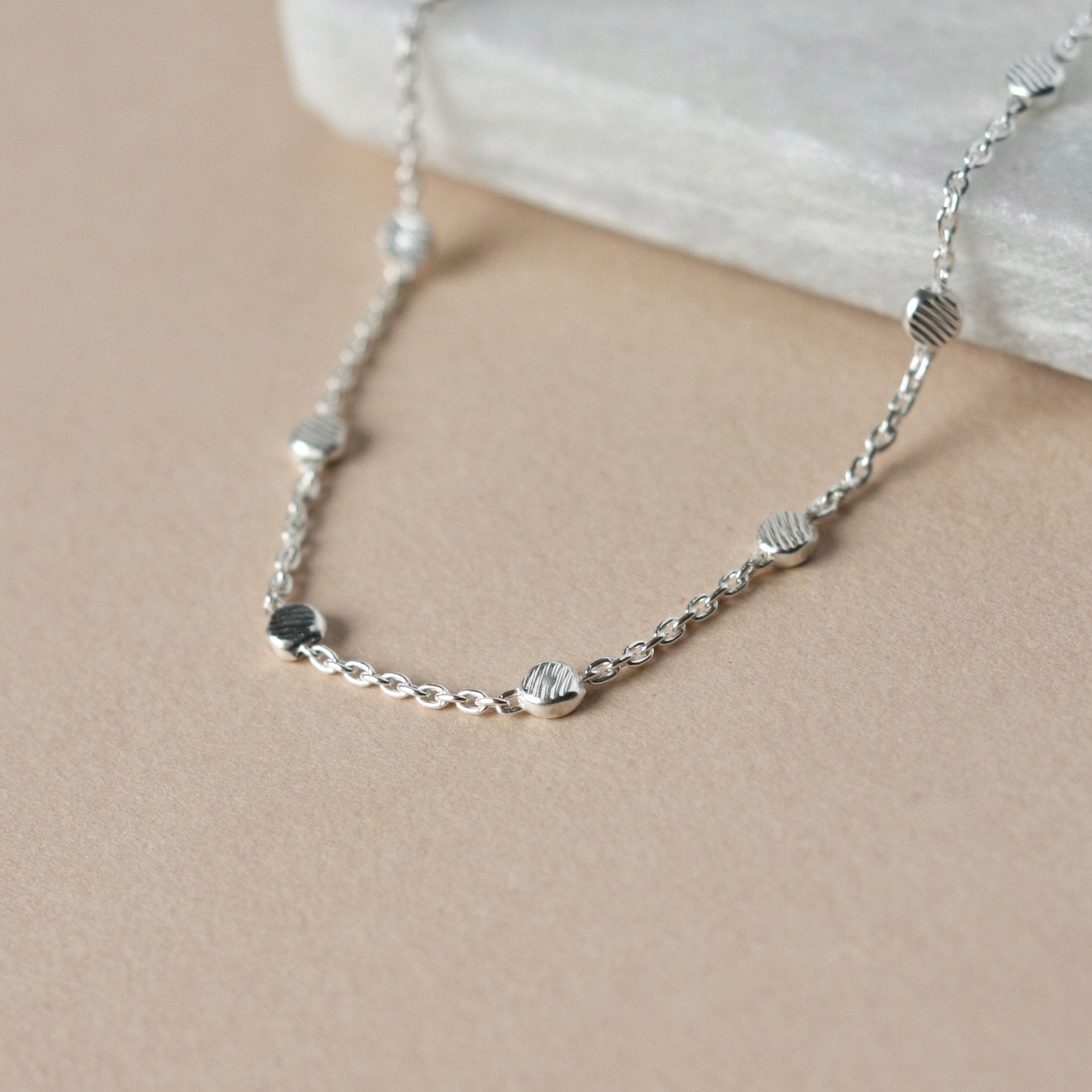 Dainty Sterling Silver Disc Necklace, Small Beaded Necklace
