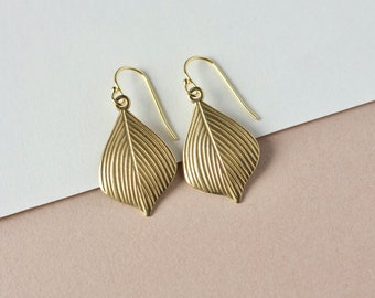 Gold Leaf Earrings, Big Brass Leaf Dangles, Nature Inspired, Minimalist Everyday Jewelry, Gift for Her, Modern Boho Stye, Art Deco Style