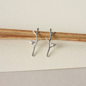 Long Sterling Silver Branch Stud Earrings with Birds