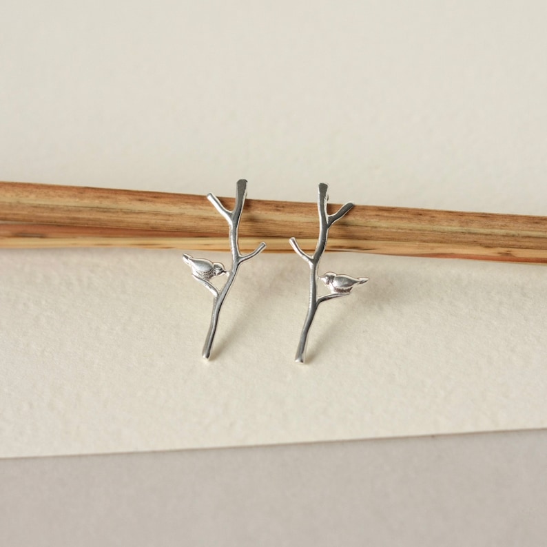 Long Sterling Silver Branch Stud Earrings with Birds