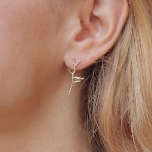 Long Sterling Silver Branch Stud Earrings with Birds