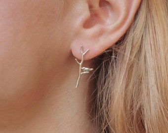 Sterling Silver Branch Earrings, Long Twig Studs With Birds, Dainty Woodland Earrings, Nature Inspired Botanical Studs, Gift for Her