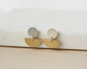 Sterling Silver Round Stud Earrings, Brass Half Moon Earrings, Modern Minimalist Jewelry, Two Tone Geometric Jewelry, Unique Gift for Her