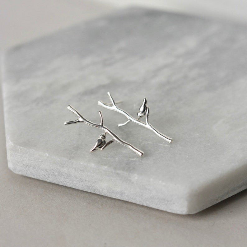 Long Sterling Silver Branch Stud Earrings with Birds