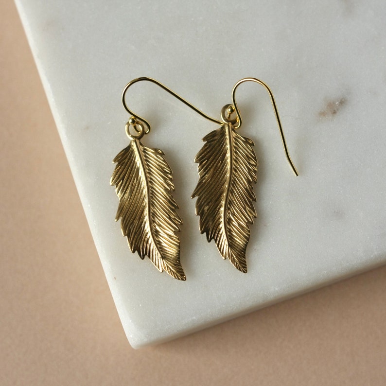 Big Gold Feather Earrings, Boho Style Jewelry, Brass Statement Earrings, Nature Inspired, Bohemian Earrings, Gift For Her image 8