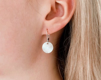Sterling Silver Sunburst Earrings, Small Leverback Disc Earrings, Minimalist Geometric Jewelry, Gift for Her, Shiny Circle Earrings