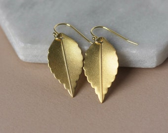 Big Gold Leaf Earrings, Long Brass Earrings, Nature Inspired, Minimalist Woodland Jewelry, Boho Dangles, Nature Lover Gift for Her Under 30