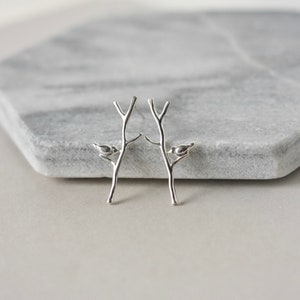 Long Sterling Silver Branch Stud Earrings with Birds