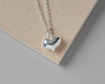 Sterling Silver Puffed Heart Necklace, 3D Heart, Minimalist Romantic Necklace, Simple Everyday Heart Jewelry, Gift for Her, Mothers Day Gift