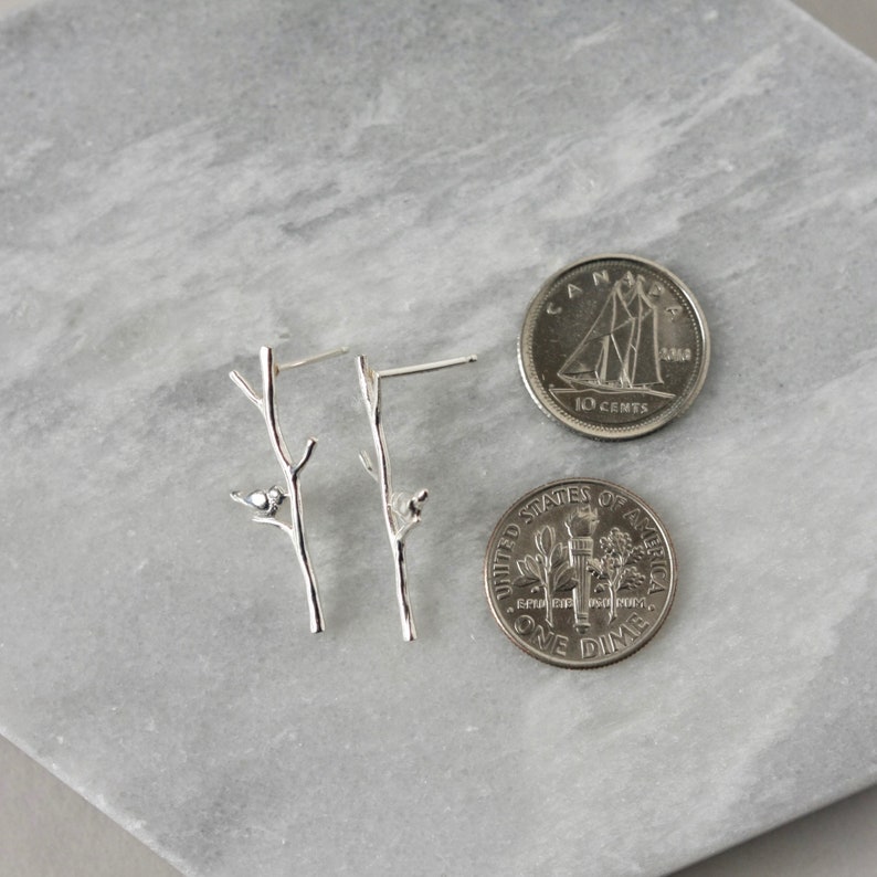 Sterling Silver Branch Earrings, Long Twig Studs With Birds, Dainty Woodland Earrings, Nature Inspired Botanical Studs, Gift for Her image 10