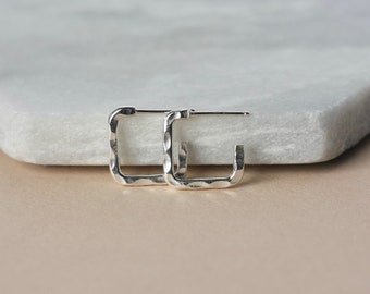 Hammered Sterling Silver Hoop Earrings, Small Square Hoops, Everyday Geometric Jewelry, Minimalist Modern Jewelry, Gift for Her