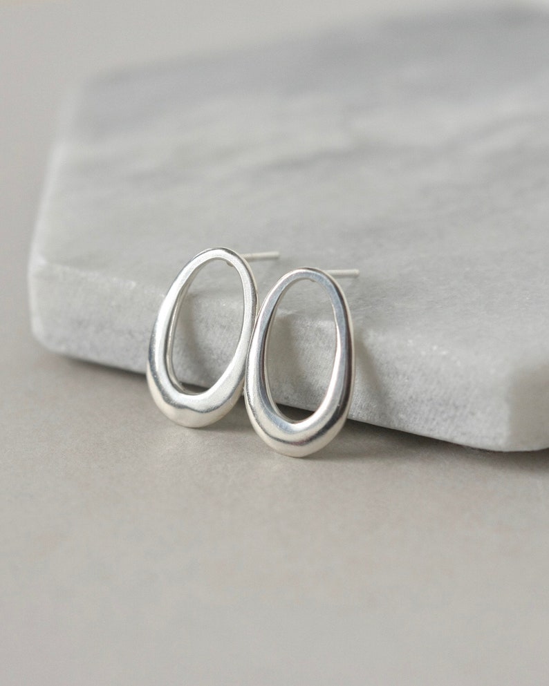 Sterling Silver Oval Earrings, Modern Geometric Stud Earrings, Big Minimalist Studs, Unique Jewelry, Gift for Her, Everyday Large Posts image 1