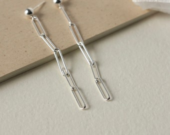 Sterling Silver Paper Clip Earrings, Long Chain Dangle Earrings, Geometric Post Earrings, Modern Minimalist Jewelry, Gift for Her