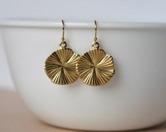 Brass Geometric Earrings, Round Gold Circles, Modern Sunburst Earrings, Lightweight Minimalist Jewelry, Shiny Textured Flower, Gift for Her