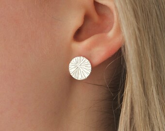Big Round Sterling Silver Stud Earrings, Minimalist Circle Studs, Everyday Geometric Jewelry, Radiant Sun Earrings, Gift for Her, Celestial