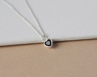 Tiny Heart Charm Necklace, Dainty Black CZ Necklace, Minimalist Everyday Silver Necklace, CZ Solitaire, Romantic Gift For Her, Small Heart