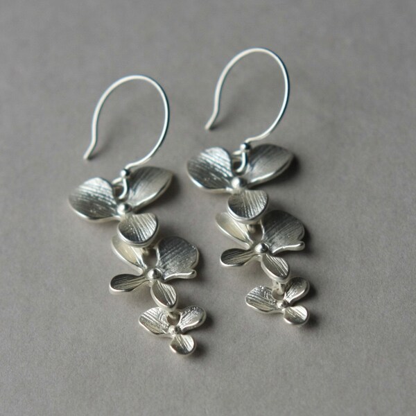 SALE Silver Flower Earrings, Floral Jewelry, Dangle Earrings, Garden Botanical, Long Flower Earrings, Drop Earrings, Long Dangle Earrings