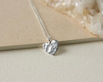 Sterling Silver Heart Necklace, Hammered Heart Charm, Minimalist Everyday Necklace, Floating Heart Necklace, Love Heart Charm, Gift for Her