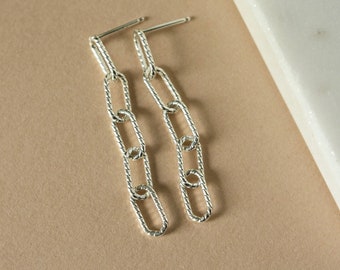 Sterling Silver Paper Clip Chain Earrings, Long Geometric Studs, Modern Statement Jewelry, Gift for Her, Chunky Chain Link Earrings