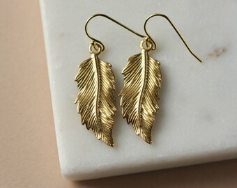 Big Gold Feather Earrings, Boho Style Jewelry, Brass Statement Earrings, Nature Inspired, Bohemian Earrings,  Gift For Her